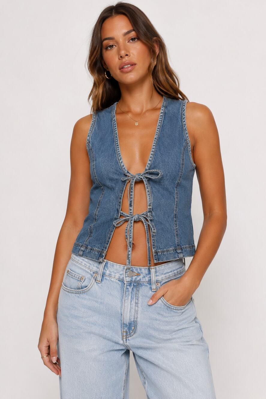 Princess Polly Stefenie Denim Tie Top Mid Wash Tie Front Vest US 4 NWT 022